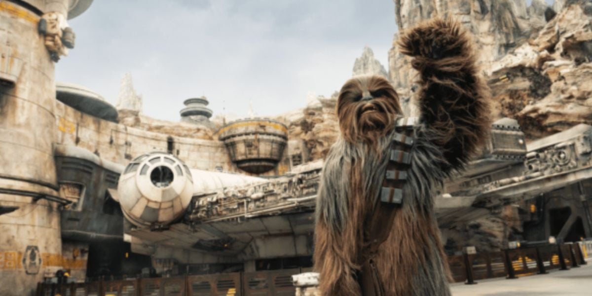 Chewy in front of Millenium Falcon: Smuggler's Run in Disney's Galaxy's Edge