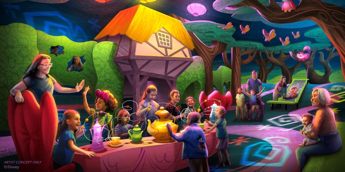Kids and adults share a magical tea party in a vibrant fairytale forest with glowing teapots and butterflies at Disney Parks' latest summer attraction.