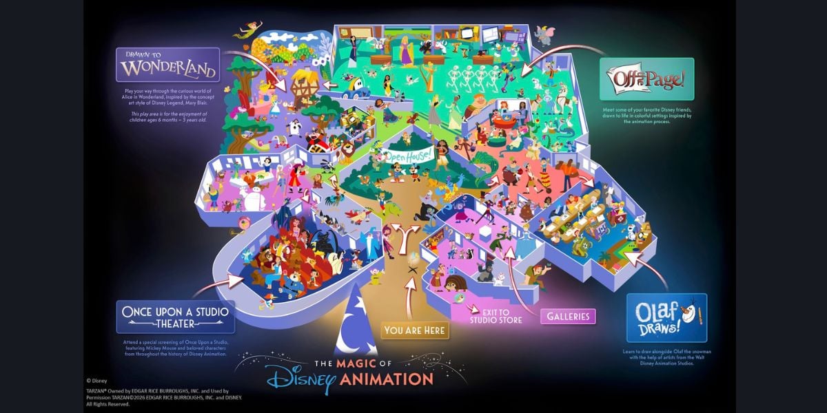Vibrant map of The Magic of Disney Animation, with Disney characters and themed zones—this exciting attraction debuts this summer!.
