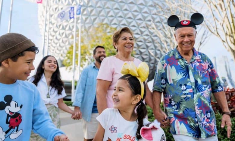 a Disney family strolls through EPCOT with Spaceship Earth in the background