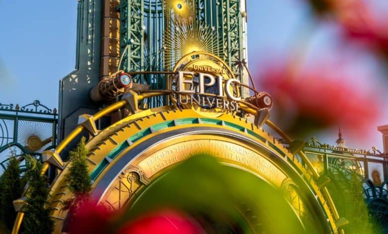 Guests approach the main entrance to Universal Epic Universe at Universal Orlando Resort in Florida.