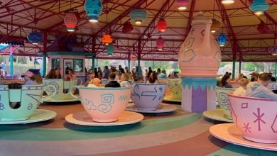Guests spin in the Mad Tea Party teacups at Magic Kingdom Park