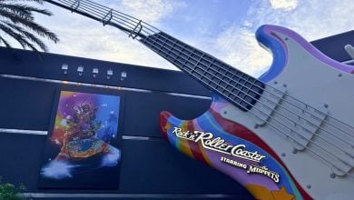 Rock 'n' Roller Coaster Starring Muppets entrance with giant guitar sculpture at Disney's Hollywood Studios.