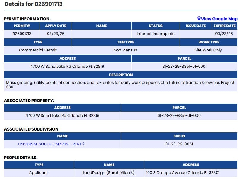 Permit details for 4700 W Sand Lake Rd, near Universal Orlando—address, applicant, community, and project highlights shown. Universal Epic Universe Dark Universe expansion