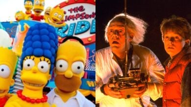 split image: on the right, a close-up of simpsons family in front of universal's ride. on the right side, marty and doc stare at delorean disappearing