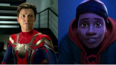 split image: on the left, Tom Holland as Spider-Man. on the right, Miles Morales from Into the Spider-Verse