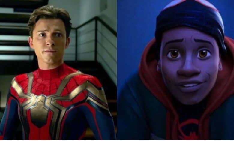 Split image: on the left, Tom Holland as Spider-Man, on the right, Miles Morales from 'Into the Spider-Verse'