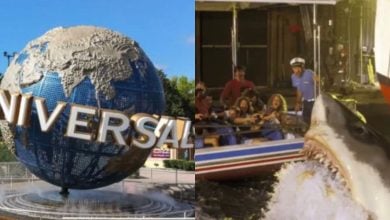 split image: on the left, Universal's spinning globe. on the right, jaws ride
