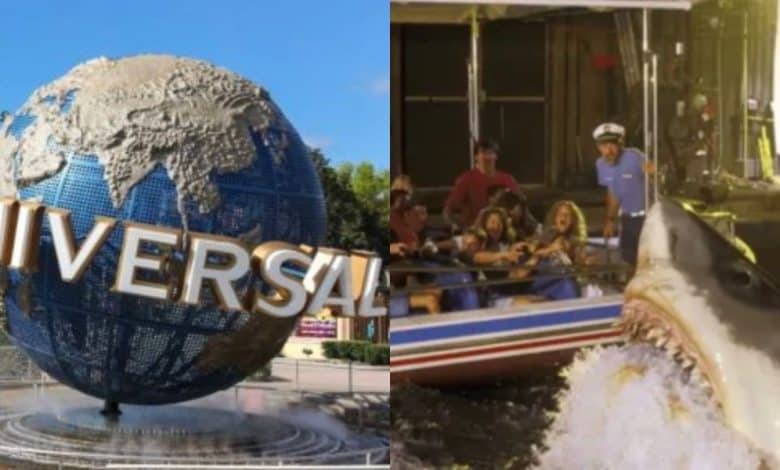 split image: on the left, Universal's spinning globe. on the right, jaws ride