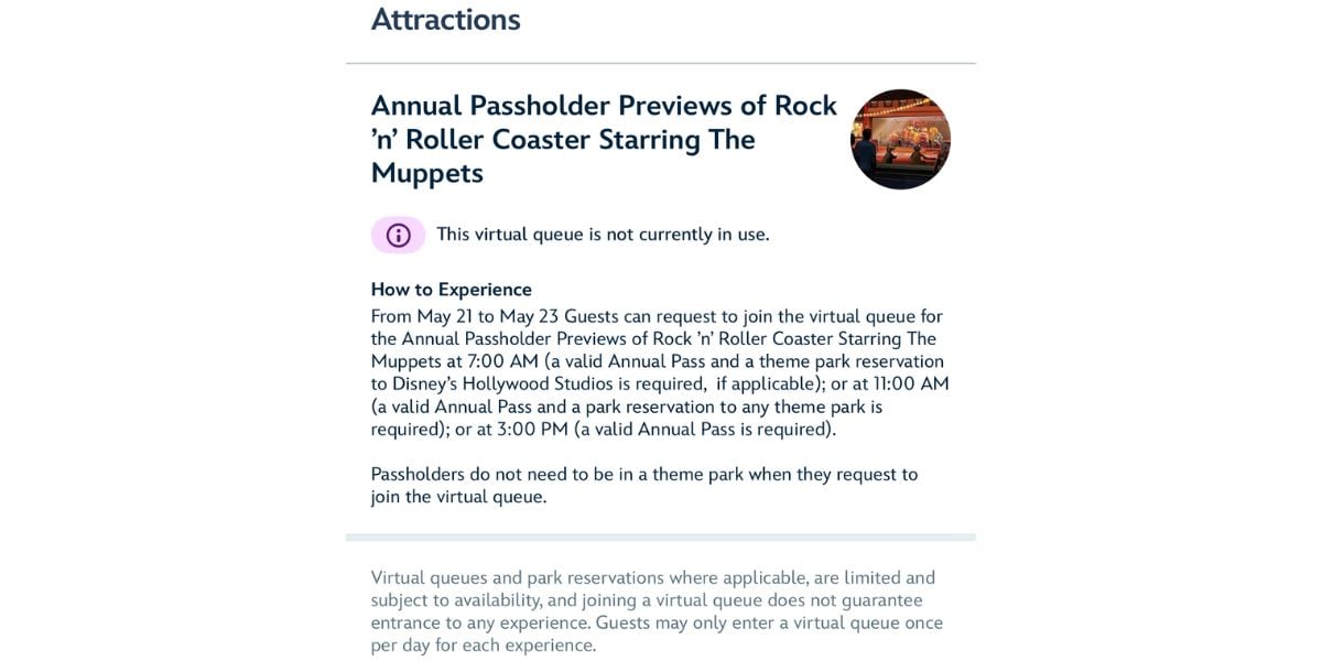 Disney World site announces Passholder sneak peeks for new Muppets coaster, with Virtual Queue details and May 21 early access.