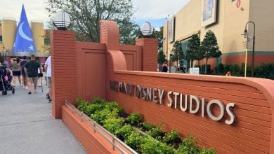 Walt Disney Studios entrance welcomes families on a lively park day, with the iconic Sorcerer's Hat in the background at Disney World.