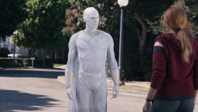 white vision and wanda (elizabeth olsen) in wandavision on disney+