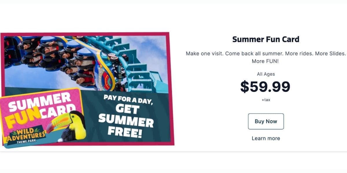 Wild Adventures Summer Fun Card banner features thrill-seekers on a coaster; $59.99 for all ages—grab the hottest park deal near Florida!.