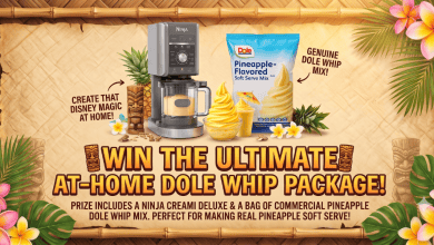 Ninja Creami, Dole Whip mix, and pineapple soft serve set in a festive, Disney-inspired tropical display.