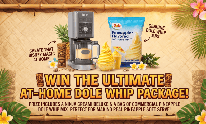 Ninja Creami, Dole Whip mix, and pineapple soft serve set in a festive, Disney-inspired tropical display.