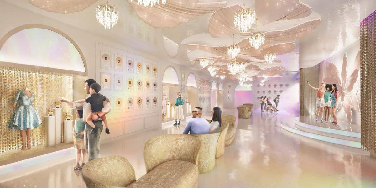 Whimsical lounge with pastel decor, sparkling chandeliers, cozy seats, and guests exploring themed exhibits and character mannequins.