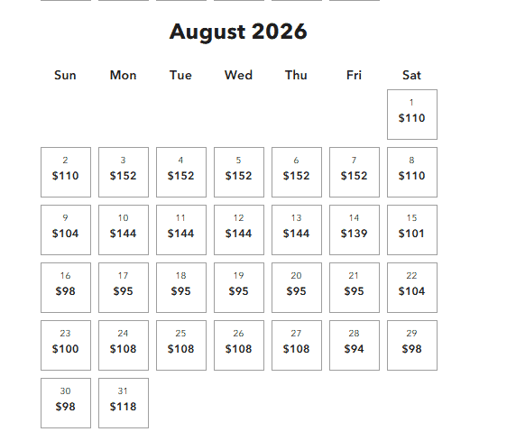 Epic Universe August 2026 ticket calendar with daily prices from $88–$152 shown in each date, perfect for planning your visit.