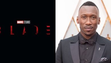 Split image: on the left, Blade reboot logo. on the right, Mahershala Ali at the oscars