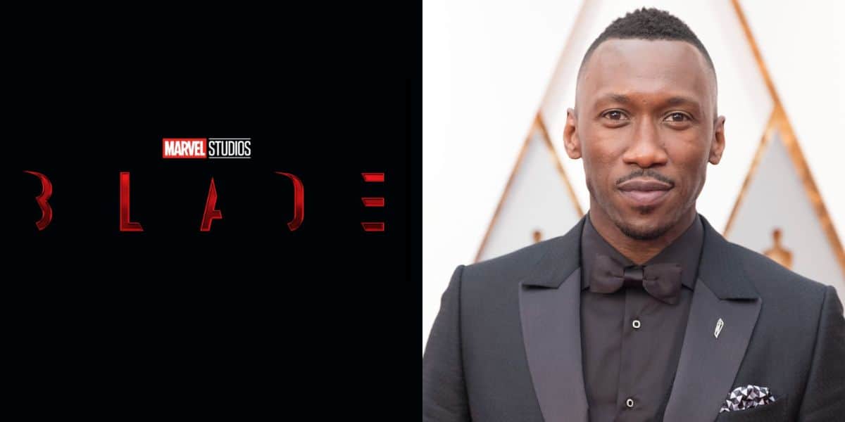 Split image: on the left, Blade reboot logo. on the right, Mahershala Ali at the oscars