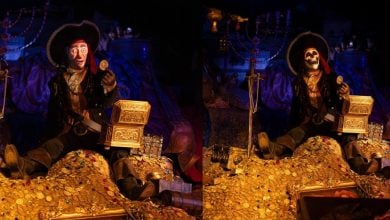 A 3D-printed Disney animatronic pirate, switching from human to skeleton, guards treasure in a Pirates of the Caribbean scene.