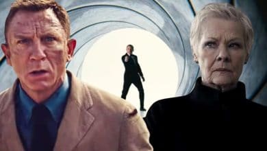 Split image: L - Daniel Craig in 'No Time to Die', Middle - the James Bond gun barrel intro, R - Judi Dench as M