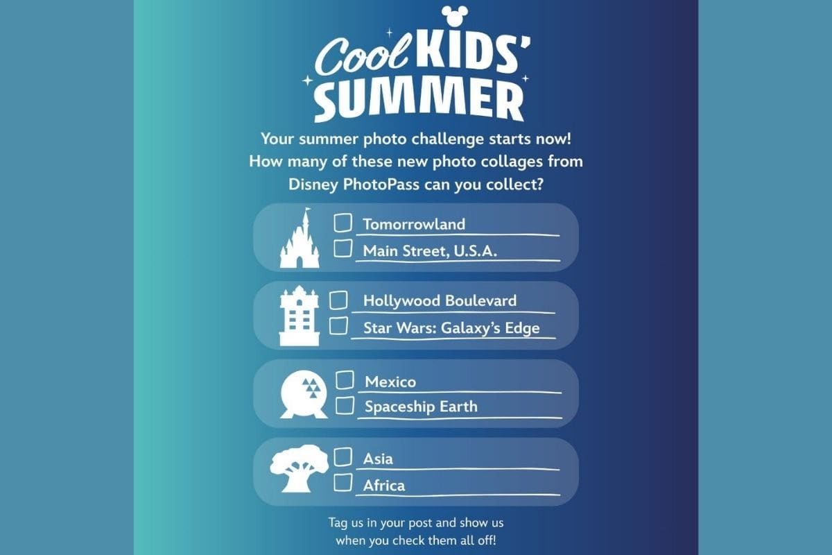 Disney parks summer photo challenge checklist with themed icons, set against a vibrant blue backdrop perfect for fans and visitors.