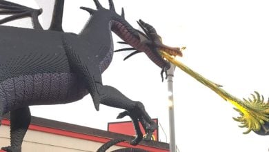 A massive LEGO dragon breathes fire at the LEGO Store in Disney Springs.