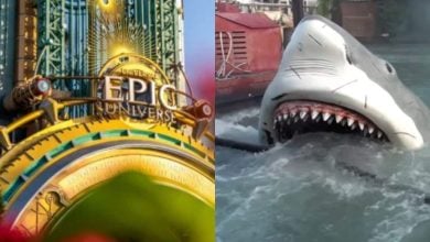 split image: on the left, entrance to epic universe. on the right, a jaws shark animatronic from japan's ride