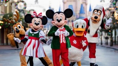 Mickey Mouse and the gang in holiday attire in front of Cinderella Castle at Christmas time
