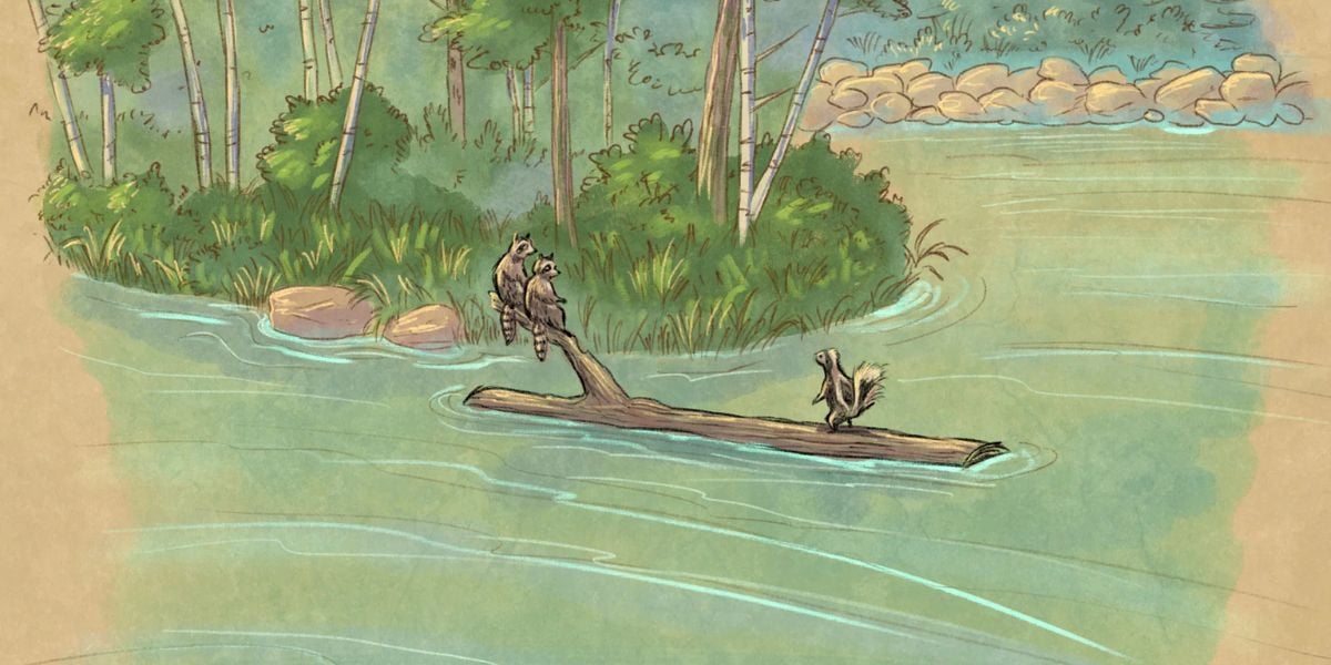 A skunk and two raccoons float on a log through Frontierland’s river in concept art