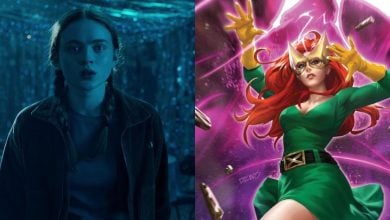 split image: on the left, Sadie Sink as Max in Stranger Things. on the right, Jean Grey from Marvel comic