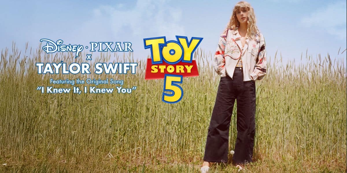 Taylor Swift poses in tall grass next to the Toy Story 5 logo and new song title, "I Knew It, I Knew You," on display.