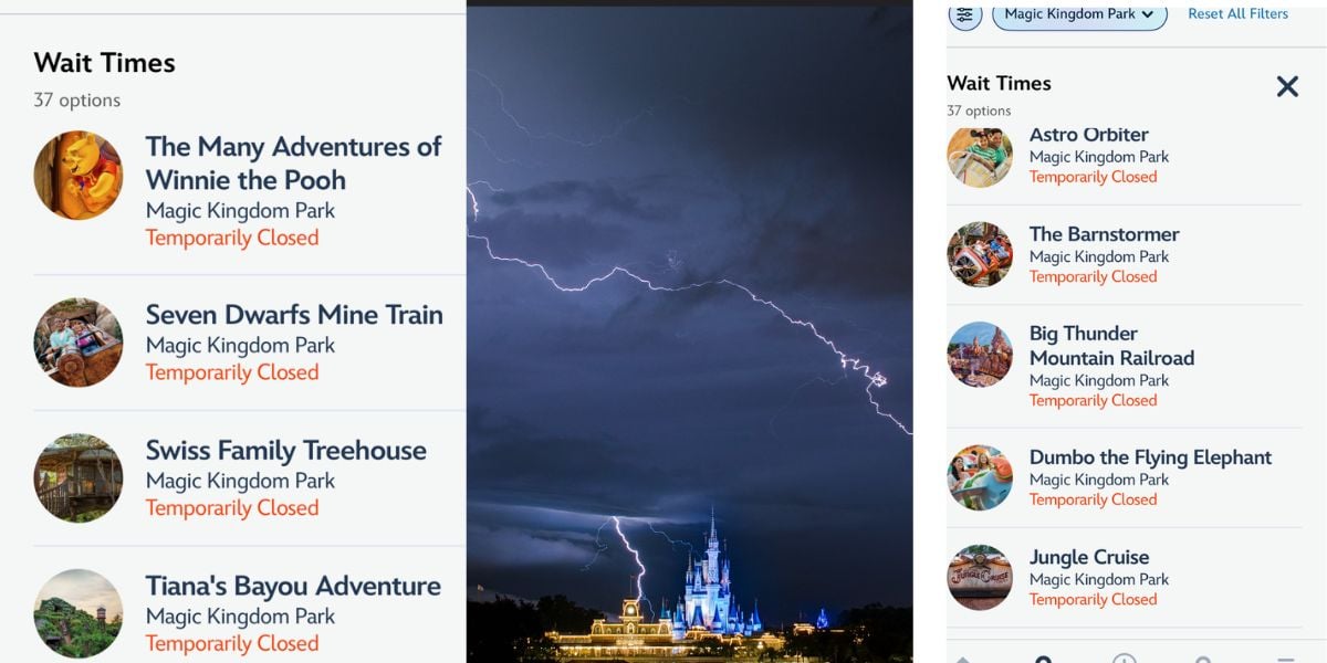 Magic Kingdom ride closures listed as a storm and lightning loom over Cinderella Castle, suggesting a possible park evacuation.