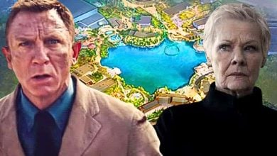 Mixed image: Front - Daniel Craig as James Bond and Judi Dench as M, Background - Universal United Kingdom Resort concept art