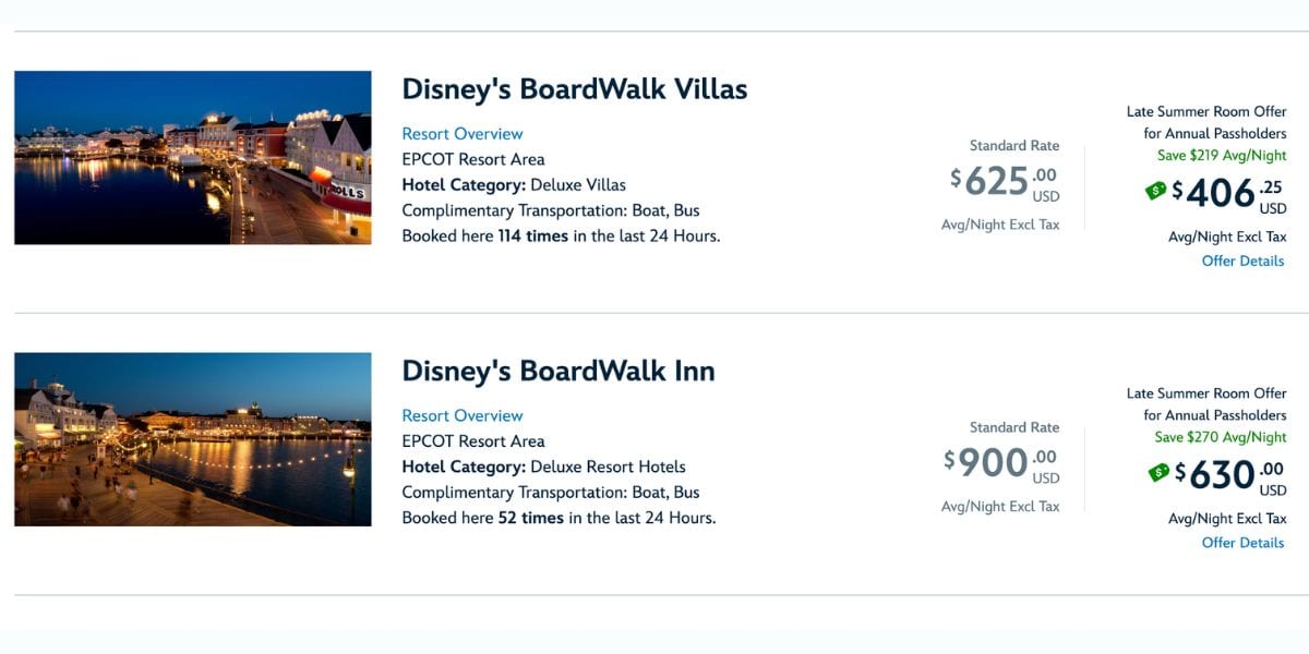 Explore Disney's BoardWalk Villas and Inn, featuring room rates and nighttime photos that capture the lively atmosphere and entertainment along the BoardWalk.