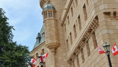 Canada Flags in the Canada World Showcase Pavilion at EPCOT.