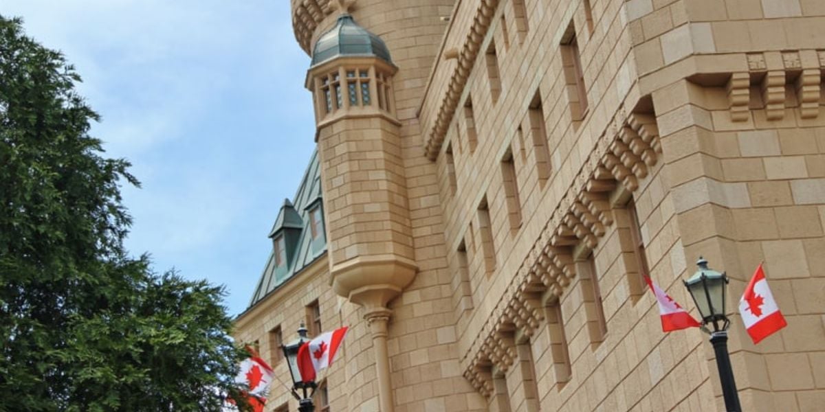 Canada Flags in the Canada World Showcase Pavilion at EPCOT.