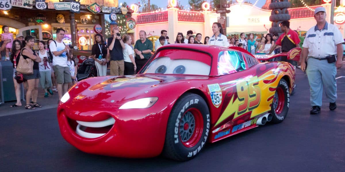 Lightning McQueen making a special appearance in Cars Land at Disney California Adventure Park.