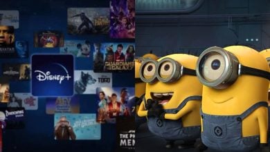 split image: on the left, the Disney+ logo and titles. on the right, minions cheer from despicable me film