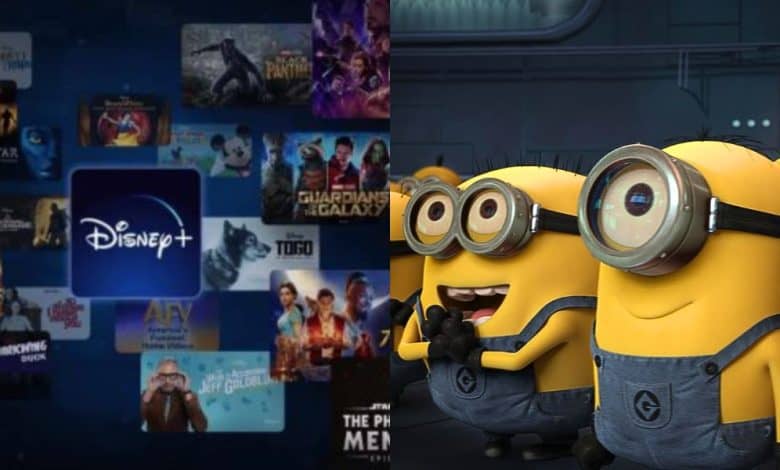 split image: on the left, the Disney+ logo and titles. on the right, minions cheer from despicable me film