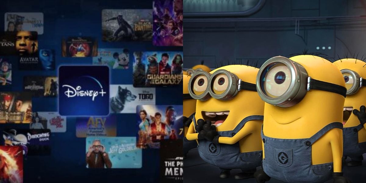 split image: on the left, the Disney+ logo and titles. on the right, minions cheer from despicable me film