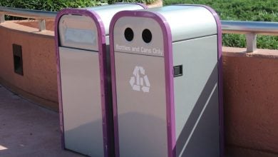 Trash and recycling cans side by side in EPCOT at Walt Disney World Resort