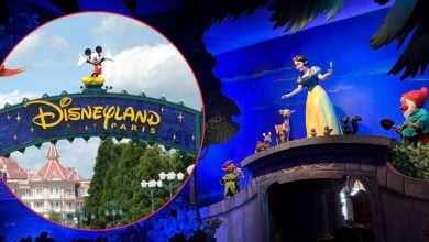 The iconic Disneyland Paris sign featuring Mickey Mouse welcomes guests, while indoors, a magical Snow White display brings the fairy tale to life with the seven dwarfs and forest animals.