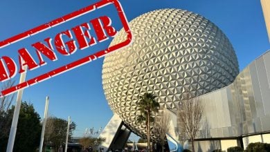 Epcot’s iconic geodesic Spaceship Earth shines under a clear blue sky, dramatically overlaid with a bold red “DANGER” stamp.
