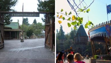 Split image: Frontierland gateway at Disneyland Park on the left; King Arthur Carrousel and Fantasyland on the right