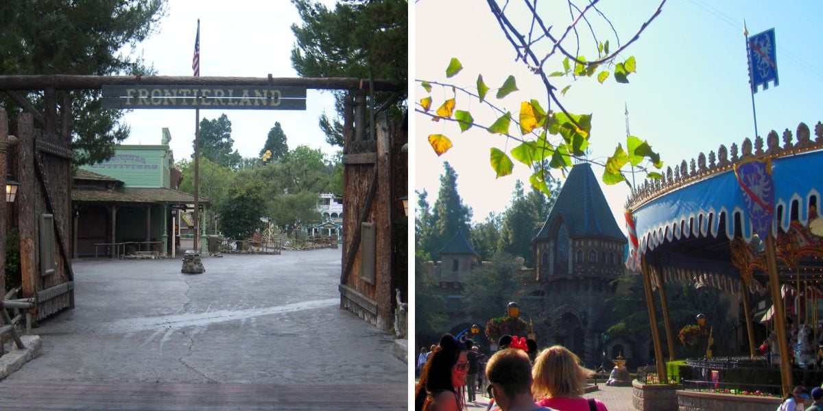 Split image: Frontierland gateway at Disneyland Park on the left; King Arthur Carrousel and Fantasyland on the right