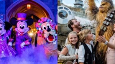 split image: on the left, Mickey, Minnie and Pluto pose in halloween costumes. on the right, a family poses with chewbacca in galaxy's edge