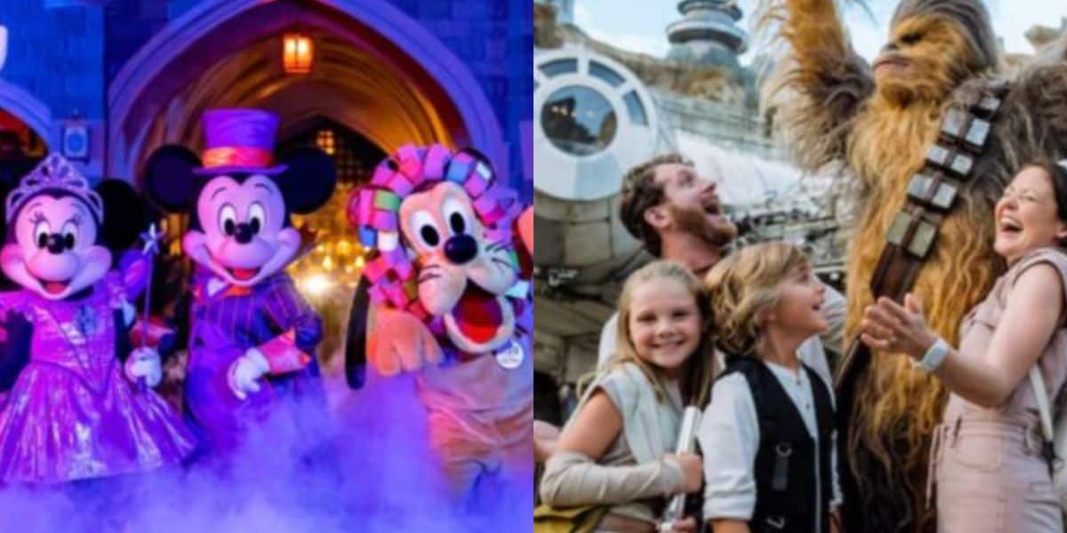 split image: on the left, Mickey, Minnie and Pluto pose in halloween costumes. on the right, a family poses with chewbacca in galaxy's edge