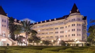 Hong Kong Disneyland Hotel exterior at night