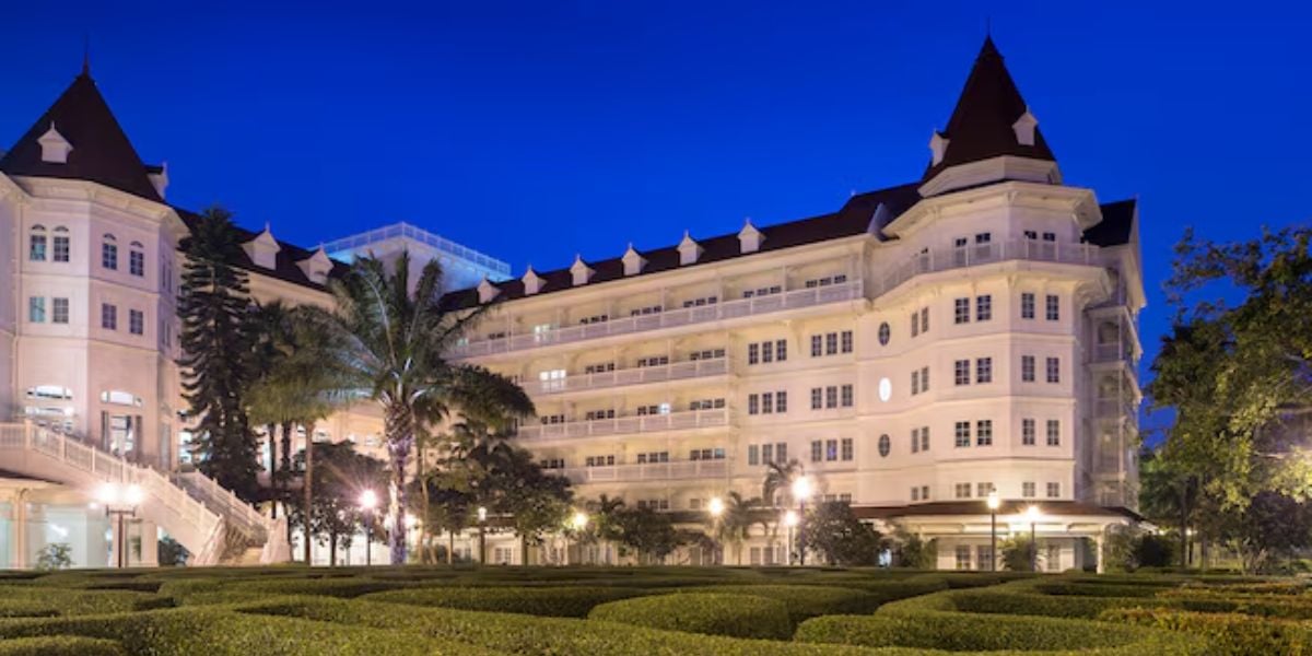 Hong Kong Disneyland Hotel exterior at night
